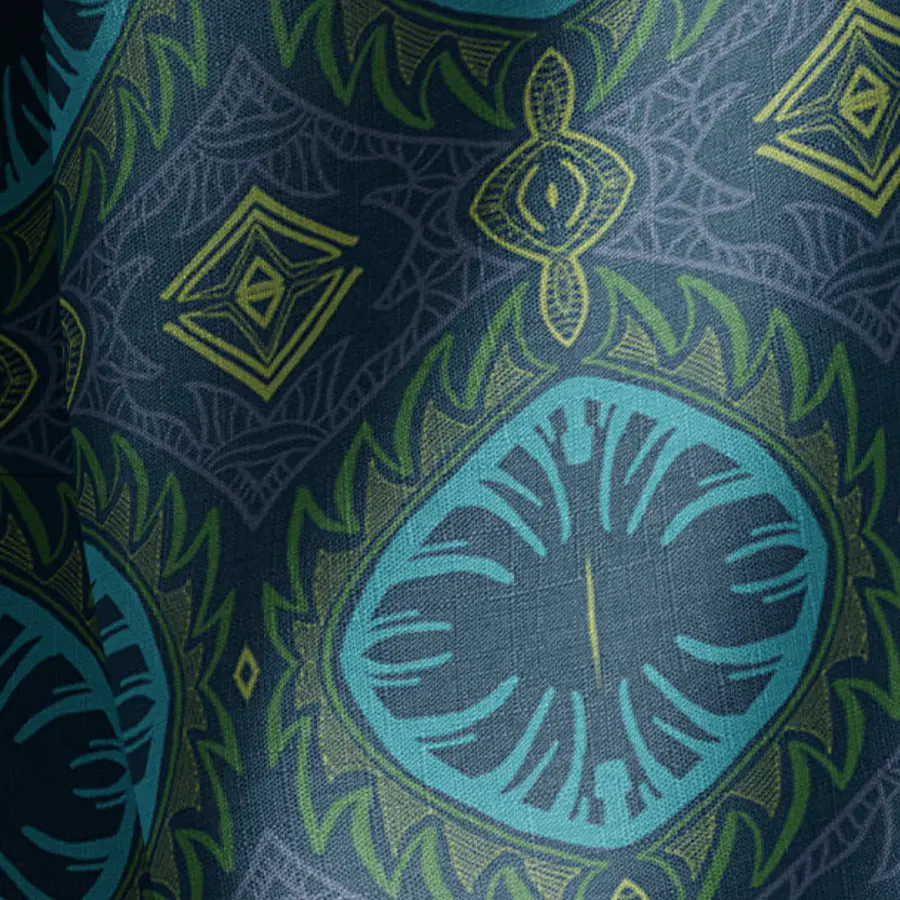 Tribal Palm Blue Natural Cotton Linen Mix