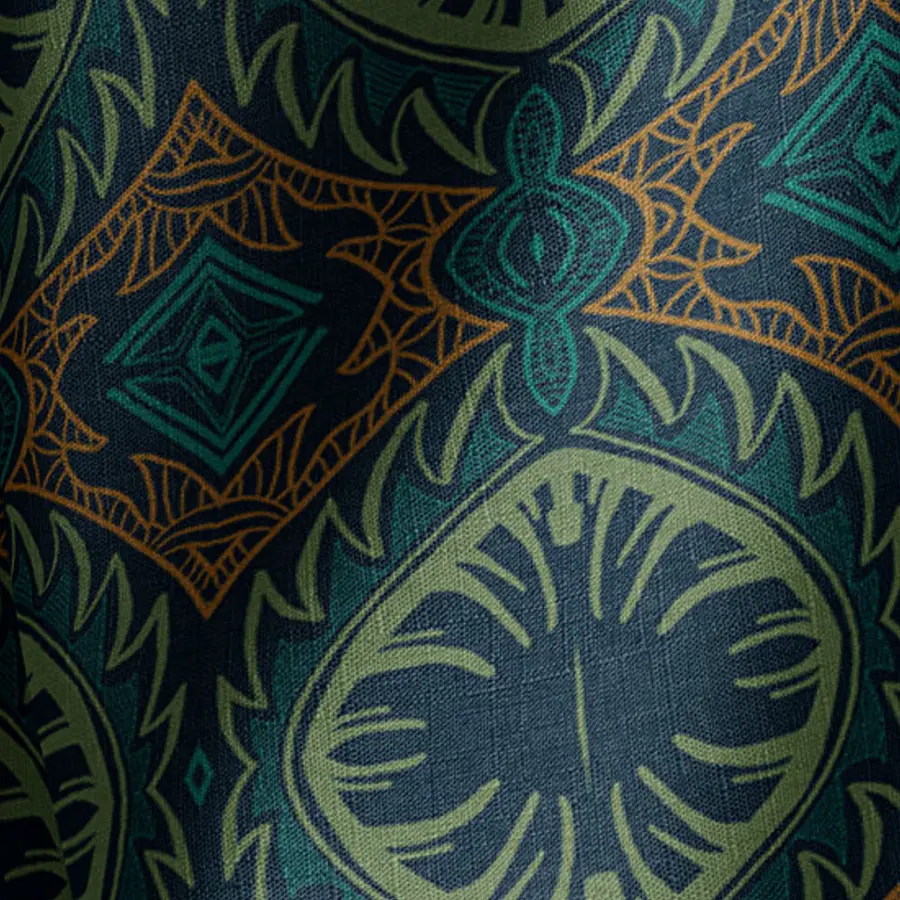 Tribal Palm Darkness Natural Cotton Linen Mix