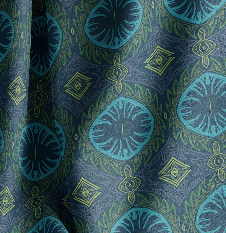 Tribal Palm Blue Natural Cotton Linen Mix