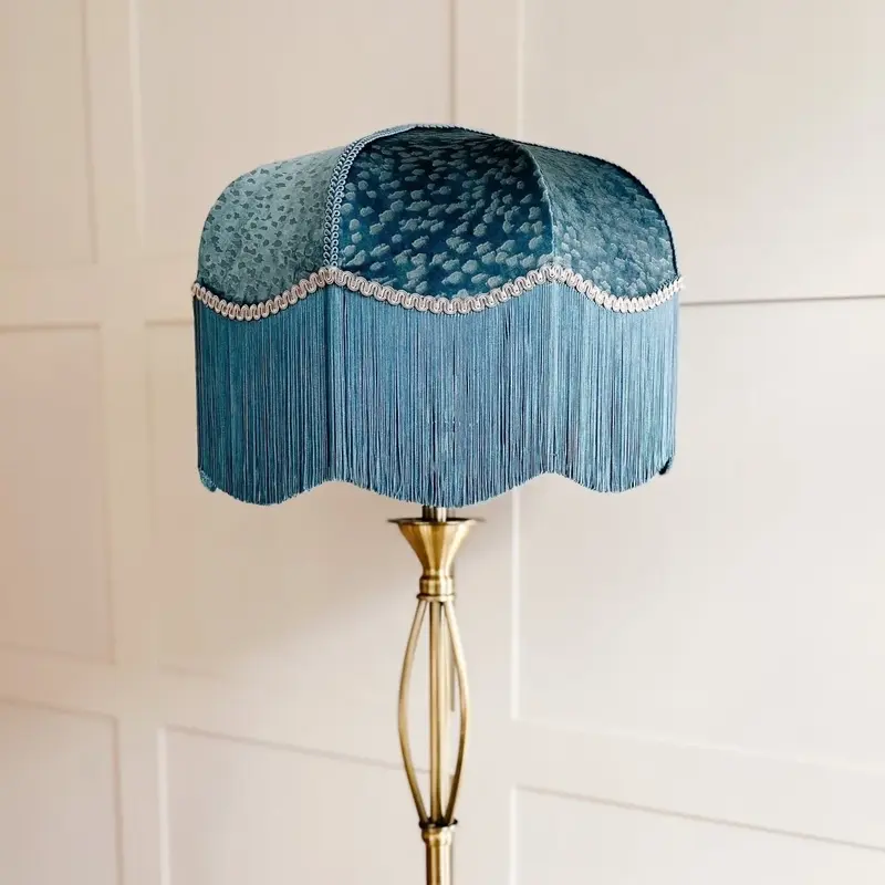 The Dorchester Handmade Teal Velvet Lampshade With Blue Fringe